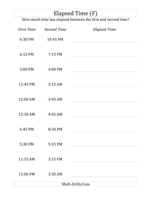 The Elapsed Time up to 5 Hours in 15 Minute Intervals (F) Math Worksheet