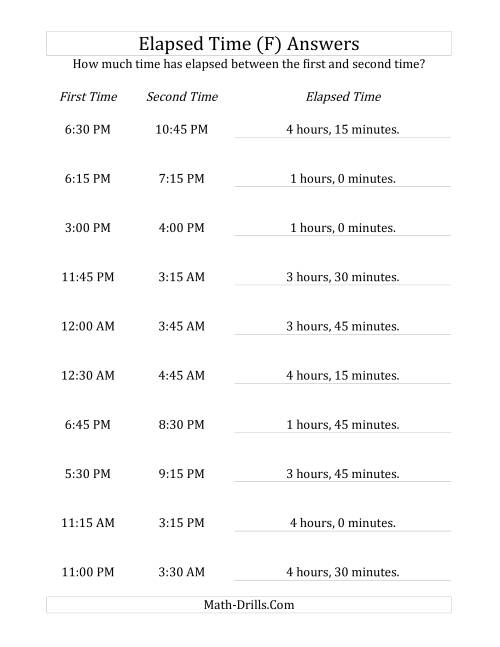 The Elapsed Time up to 5 Hours in 15 Minute Intervals (F) Math Worksheet Page 2