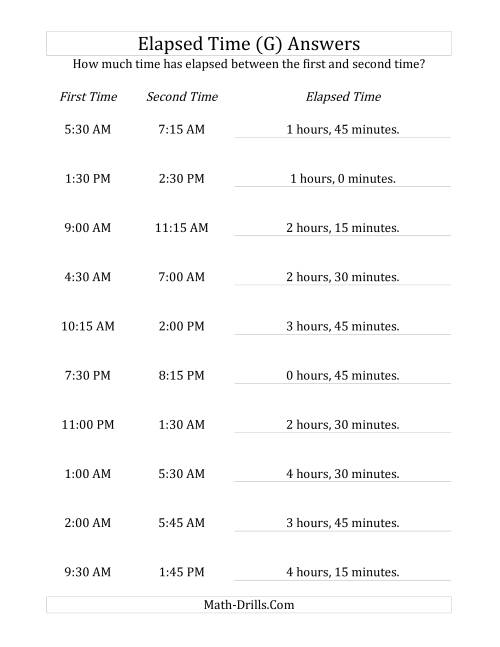 The Elapsed Time up to 5 Hours in 15 Minute Intervals (G) Math Worksheet Page 2