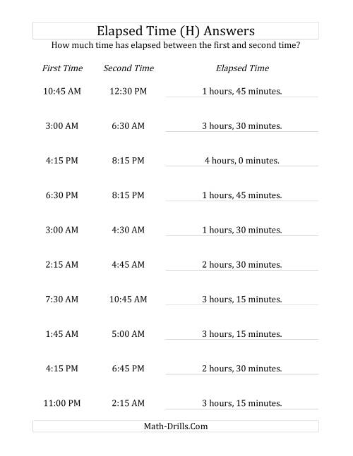The Elapsed Time up to 5 Hours in 15 Minute Intervals (H) Math Worksheet Page 2