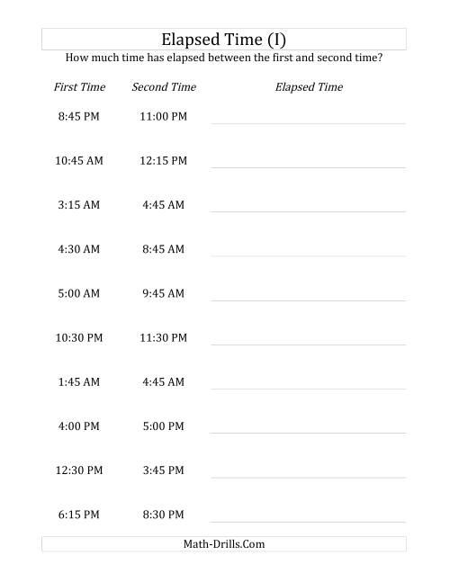 The Elapsed Time up to 5 Hours in 15 Minute Intervals (I) Math Worksheet
