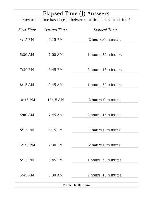 The Elapsed Time up to 5 Hours in 15 Minute Intervals (J) Math Worksheet Page 2