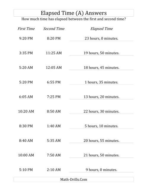 The Elapsed Time up to 24 Hours in 5 Minute Intervals (A) Math Worksheet Page 2
