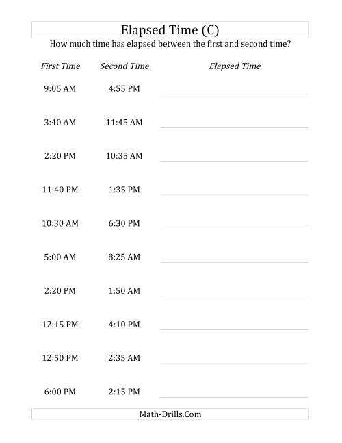 The Elapsed Time up to 24 Hours in 5 Minute Intervals (C) Math Worksheet