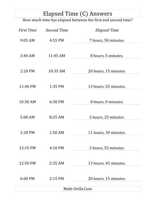 The Elapsed Time up to 24 Hours in 5 Minute Intervals (C) Math Worksheet Page 2
