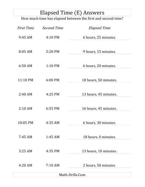 The Elapsed Time up to 24 Hours in 5 Minute Intervals (E) Math Worksheet Page 2