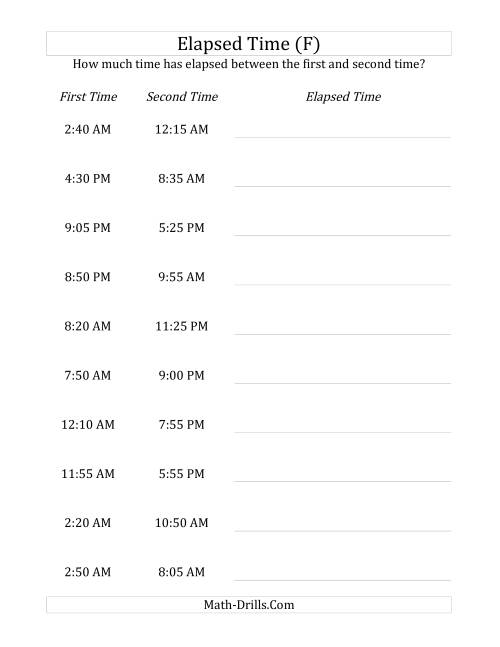 The Elapsed Time up to 24 Hours in 5 Minute Intervals (F) Math Worksheet