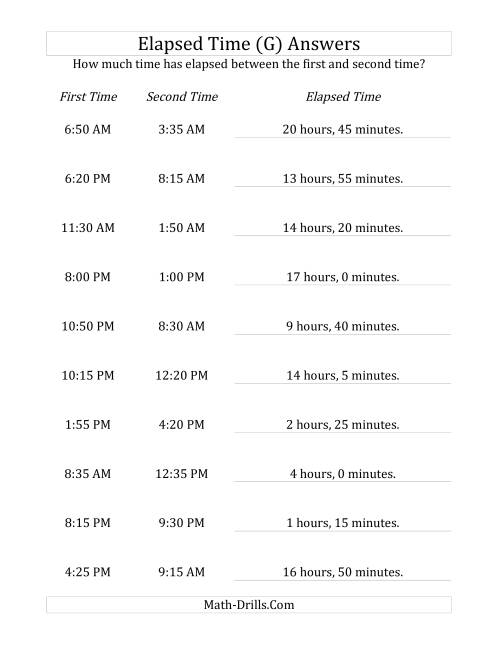 The Elapsed Time up to 24 Hours in 5 Minute Intervals (G) Math Worksheet Page 2