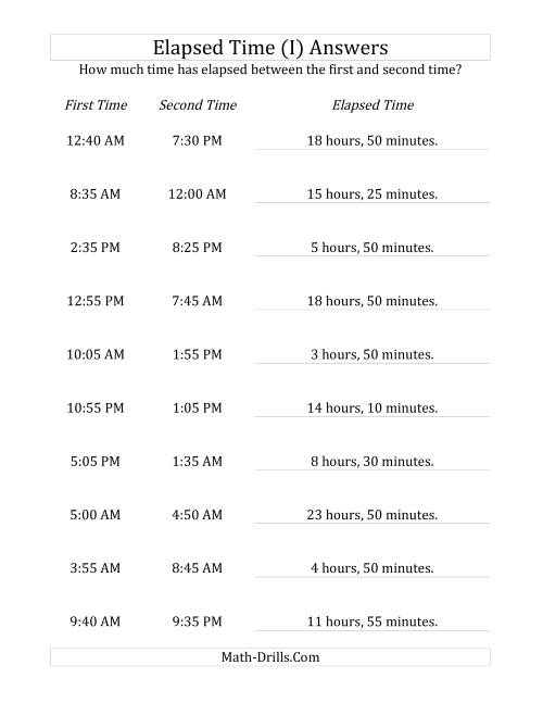 The Elapsed Time up to 24 Hours in 5 Minute Intervals (I) Math Worksheet Page 2