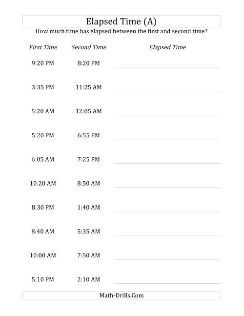 The Elapsed Time up to 24 Hours in 5 Minute Intervals (All) Math Worksheet