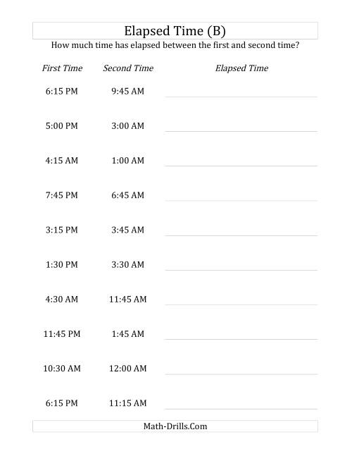 The Elapsed Time up to 24 Hours in 15 Minute Intervals (B) Math Worksheet