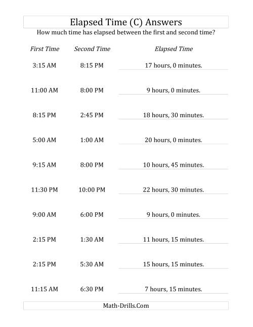 The Elapsed Time up to 24 Hours in 15 Minute Intervals (C) Math Worksheet Page 2