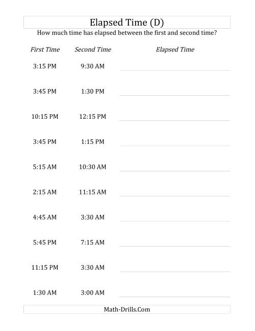 The Elapsed Time up to 24 Hours in 15 Minute Intervals (D) Math Worksheet