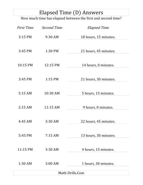 The Elapsed Time up to 24 Hours in 15 Minute Intervals (D) Math Worksheet Page 2