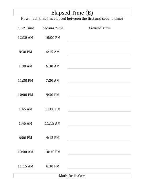 The Elapsed Time up to 24 Hours in 15 Minute Intervals (E) Math Worksheet