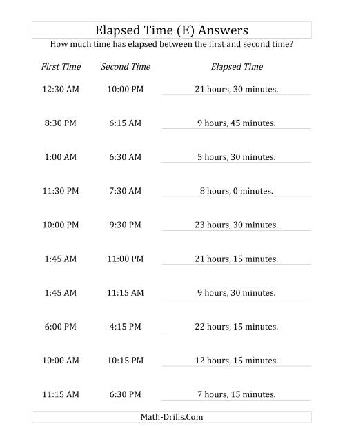 The Elapsed Time up to 24 Hours in 15 Minute Intervals (E) Math Worksheet Page 2