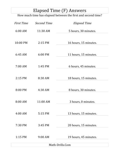 The Elapsed Time up to 24 Hours in 15 Minute Intervals (F) Math Worksheet Page 2