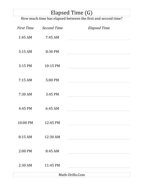 The Elapsed Time up to 24 Hours in 15 Minute Intervals (G) Math Worksheet