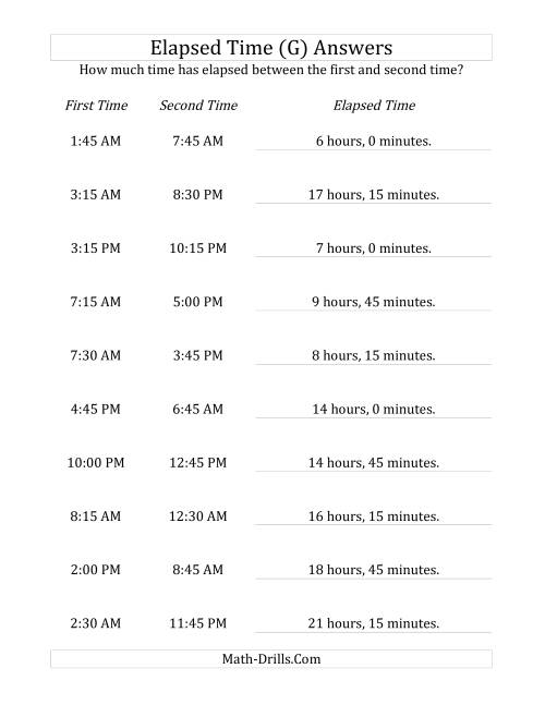 The Elapsed Time up to 24 Hours in 15 Minute Intervals (G) Math Worksheet Page 2