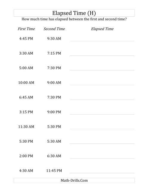 The Elapsed Time up to 24 Hours in 15 Minute Intervals (H) Math Worksheet