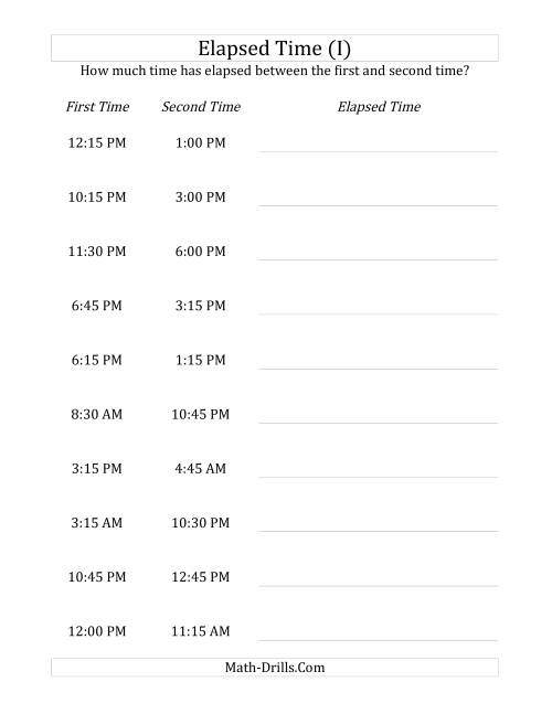 The Elapsed Time up to 24 Hours in 15 Minute Intervals (I) Math Worksheet