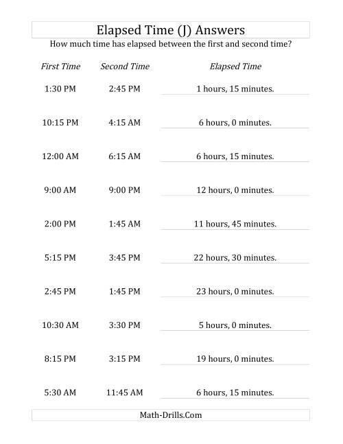 The Elapsed Time up to 24 Hours in 15 Minute Intervals (J) Math Worksheet Page 2