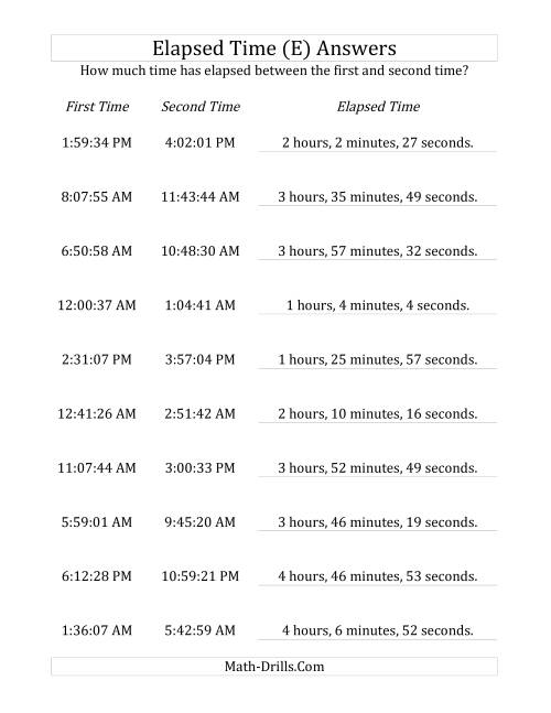 The Elapsed Time up to 5 Hours in 1 Minute and 1 Second Intervals (E) Math Worksheet Page 2