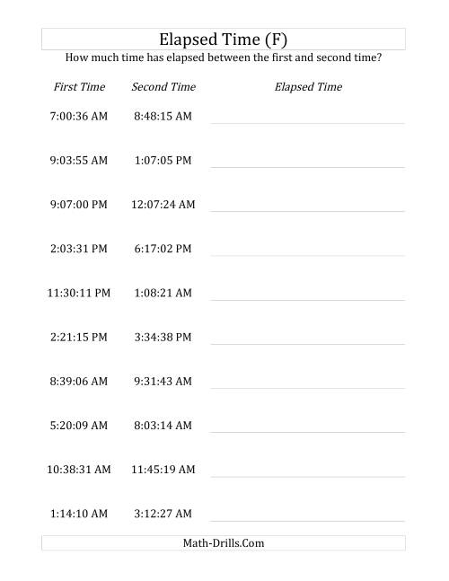 The Elapsed Time up to 5 Hours in 1 Minute and 1 Second Intervals (F) Math Worksheet