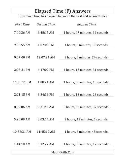 The Elapsed Time up to 5 Hours in 1 Minute and 1 Second Intervals (F) Math Worksheet Page 2