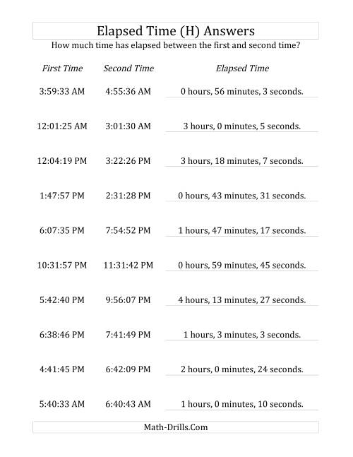 The Elapsed Time up to 5 Hours in 1 Minute and 1 Second Intervals (H) Math Worksheet Page 2