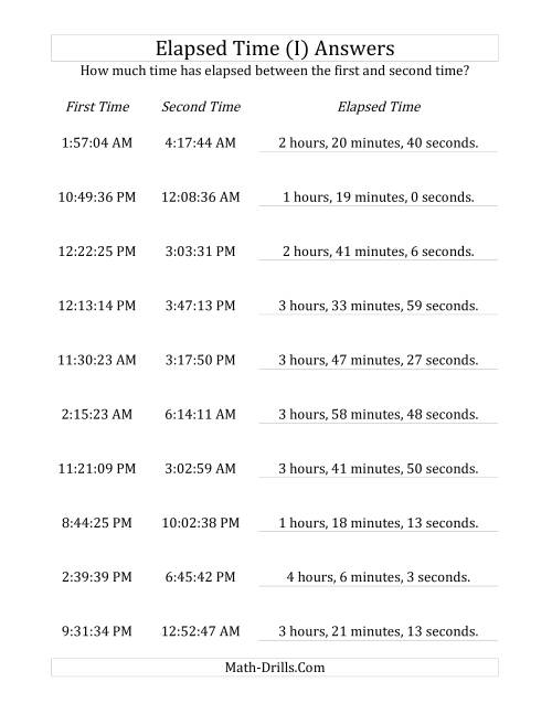 The Elapsed Time up to 5 Hours in 1 Minute and 1 Second Intervals (I) Math Worksheet Page 2