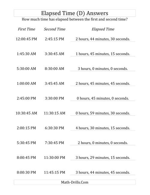 The Elapsed Time up to 5 Hours in 15 Minute and 15 Second Intervals (D) Math Worksheet Page 2