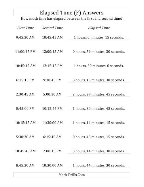 The Elapsed Time up to 5 Hours in 15 Minute and 15 Second Intervals (F) Math Worksheet Page 2