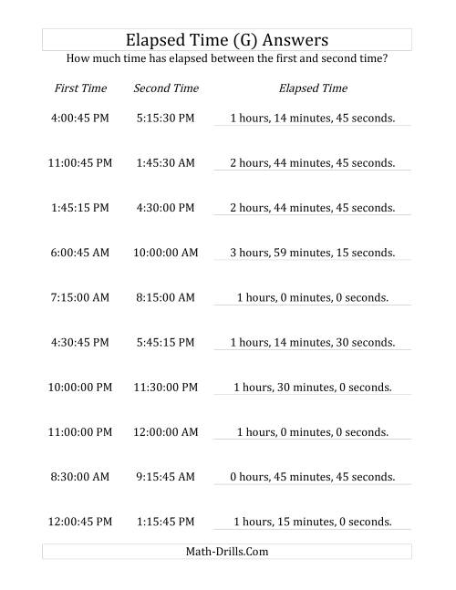 The Elapsed Time up to 5 Hours in 15 Minute and 15 Second Intervals (G) Math Worksheet Page 2