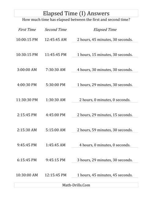 The Elapsed Time up to 5 Hours in 15 Minute and 15 Second Intervals (I) Math Worksheet Page 2