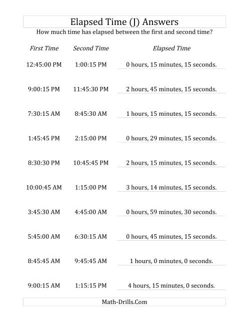 The Elapsed Time up to 5 Hours in 15 Minute and 15 Second Intervals (J) Math Worksheet Page 2