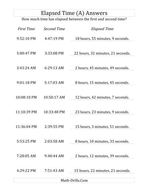 The Elapsed Time up to 24 Hours in 1 Minute and 1 Second Intervals (A) Math Worksheet Page 2
