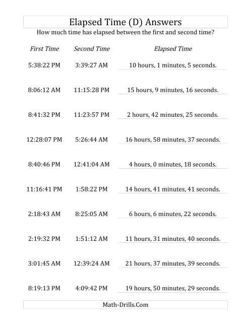 The Elapsed Time up to 24 Hours in 1 Minute and 1 Second Intervals (D) Math Worksheet Page 2