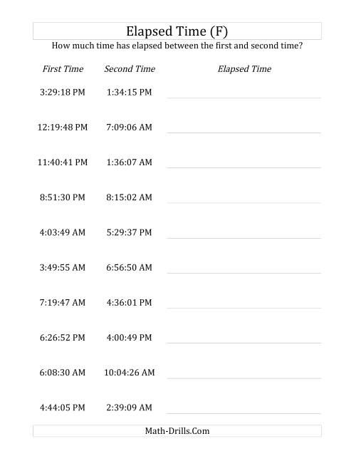 The Elapsed Time up to 24 Hours in 1 Minute and 1 Second Intervals (F) Math Worksheet