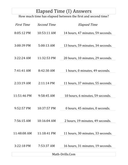 The Elapsed Time up to 24 Hours in 1 Minute and 1 Second Intervals (I) Math Worksheet Page 2