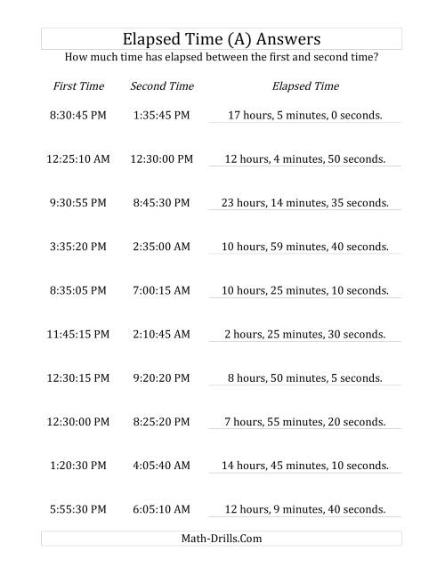 The Elapsed Time up to 24 Hours in 5 Minute and 5 Second Intervals (A) Math Worksheet Page 2