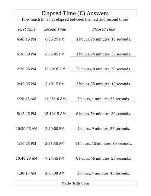 The Elapsed Time up to 24 Hours in 5 Minute and 5 Second Intervals (C) Math Worksheet Page 2