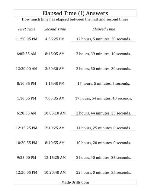 The Elapsed Time up to 24 Hours in 5 Minute and 5 Second Intervals (I) Math Worksheet Page 2