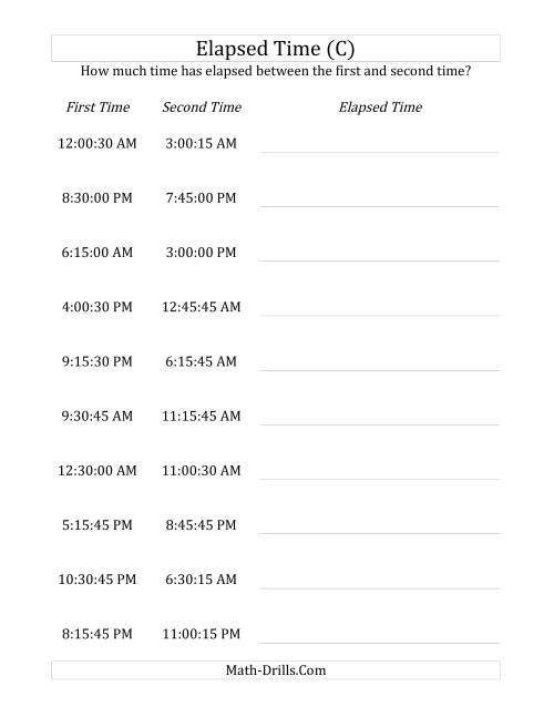 The Elapsed Time up to 24 Hours in 15 Minute and 15 Second Intervals (C) Math Worksheet
