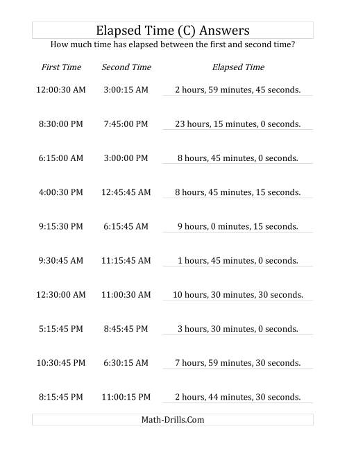 The Elapsed Time up to 24 Hours in 15 Minute and 15 Second Intervals (C) Math Worksheet Page 2
