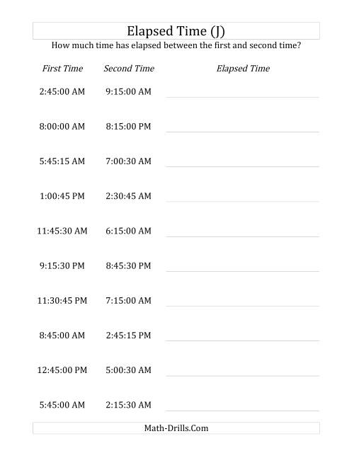The Elapsed Time up to 24 Hours in 15 Minute and 15 Second Intervals (J) Math Worksheet