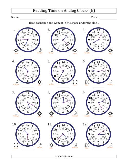 The Reading 24 Hour Time on Analog Clocks in 1 Minute Intervals (12 Clocks) (B) Math Worksheet