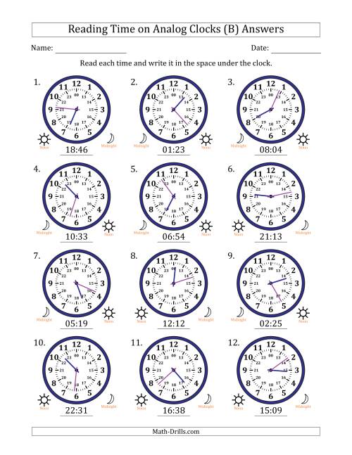 The Reading 24 Hour Time on Analog Clocks in 1 Minute Intervals (12 Clocks) (B) Math Worksheet Page 2