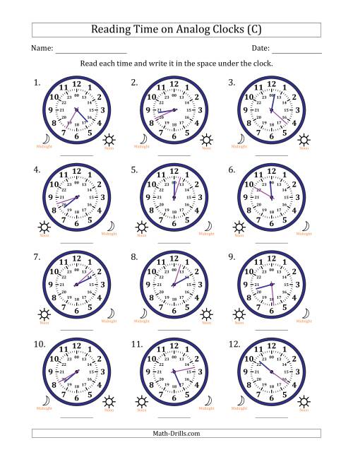 The Reading 24 Hour Time on Analog Clocks in 1 Minute Intervals (12 Clocks) (C) Math Worksheet