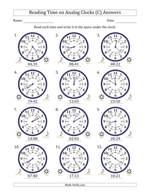 The Reading 24 Hour Time on Analog Clocks in 1 Minute Intervals (12 Clocks) (C) Math Worksheet Page 2
